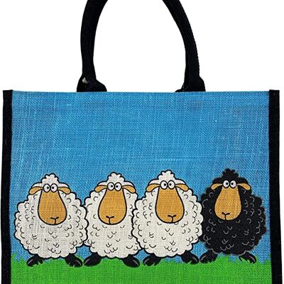 Wiederverwendbare, umweltfreundliche Jute-Einkaufstasche im Schwarz-Weiß-Schaf-Design, Geschenk für Schafliebhaber