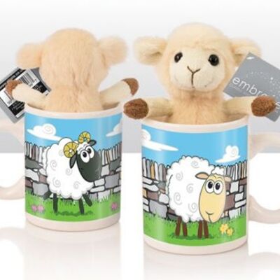 Cute Lamb soft Toy in choice of colours, in a Children's mini ceramic mug, perfect sugar-free Easter gift - Cream with brown feet (Ewe)