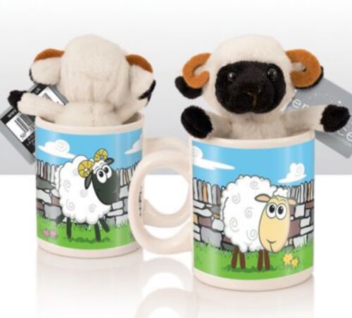 Cute Lamb soft Toy in choice of colours, in a Children's mini ceramic mug, perfect sugar-free Easter gift - Cream with black face & brown horns (Ram)