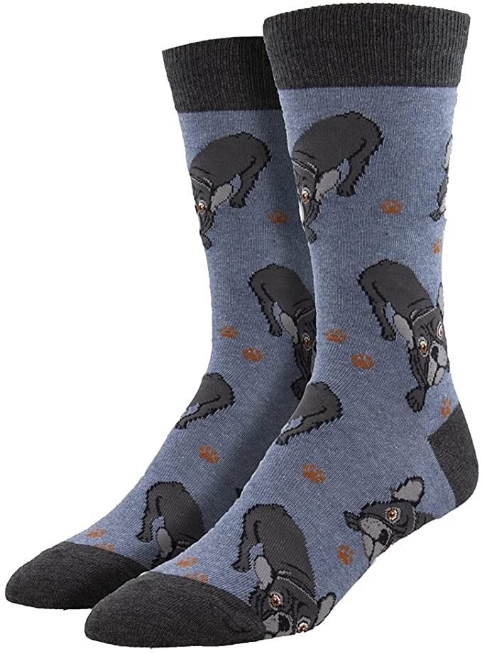 Calzini da uomo di qualità Socksmith 'Frenchie Fellowship' novità calzini di design Bulldog francese, blu scuro, taglia unica, regalo per amante dei cani / riempitivo per calze