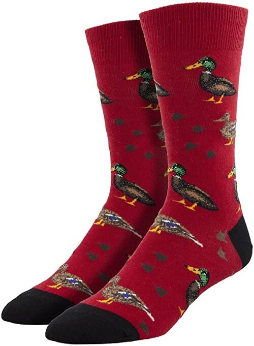 Men's quality Socksmith 'Lucky Ducks' novelty Mallard Duck design socks, dark red, one size, Bird lover gift/ stocking filler