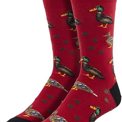 Chaussettes de conception de canard colvert de qualité Socksmith 'Lucky Ducks' pour hommes, rouge foncé, taille unique, cadeau d'amant d'oiseau / remplisseur de bas
