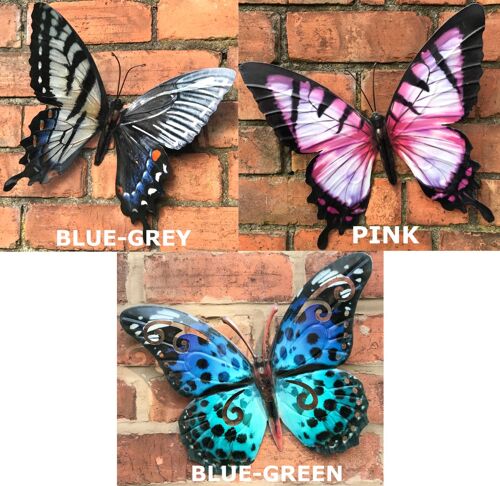 SET OF 3 LARGE (35cm) metal Butterfly wall art decorations in Pink ,Blue-Green & Blue-grey