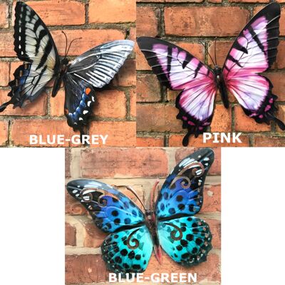 SET MIT 3 GROSSEN (35 cm) Schmetterlings-Wanddekorationen aus Metall in Pink, Blau-Grün und Blau-Grau