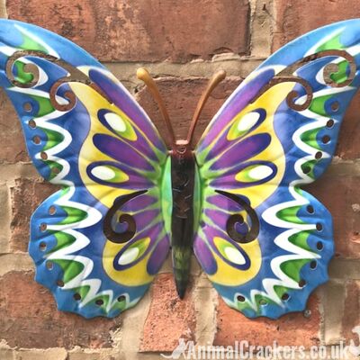 4 decorazioni da parete in metallo LARGE (35 cm) Butterfly, nei multicolori viola, rosa e blu