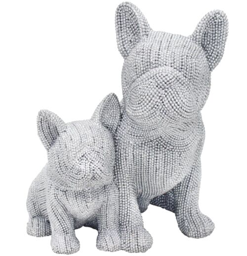 Mother & Puppy French Bulldogs ornament in silver glittery diamante finish, from Lesser & Pavey, gift boxed