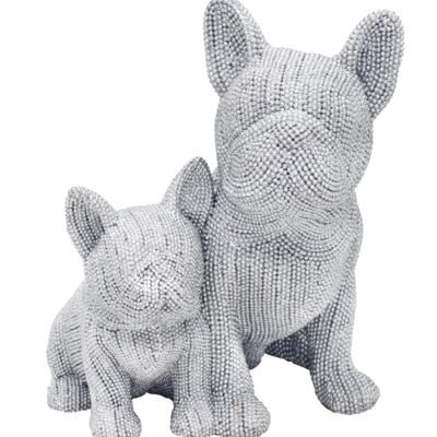 Adorno Mother & Puppy French Bulldogs en acabado de diamante brillante plateado, de Lesser & Pavey, en caja de regalo