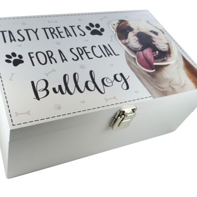 Dog Treat Box para Bulldog Inglés, contenedor de caja de almacenamiento de alimentos de madera