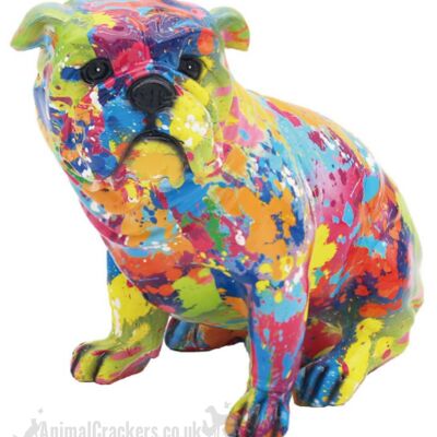 SPLASH ART bright coloured painted sitting English Bulldog ornament figurine Bull Dog lover gift