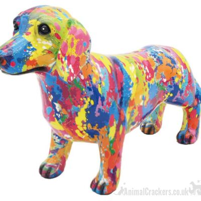 Grande figurine d'ornement de teckel coloré SPLASH ART de 40 cm, cadeau d'amant de chien de saucisse