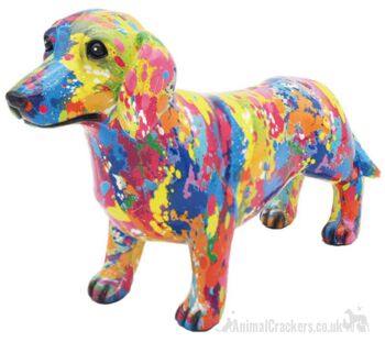 Grande figurine d'ornement de teckel coloré SPLASH ART de 40 cm, cadeau d'amant de chien de saucisse
