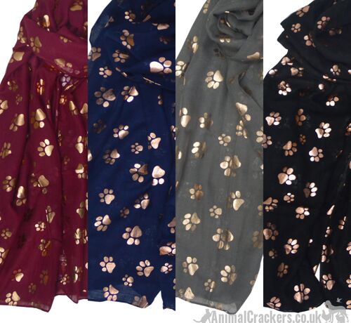 Gold foil Paw print ladies lightweight cotton mix Scarf Sarong in choice of colours, great Dog or Cat lover gift and stocking filler - Wine