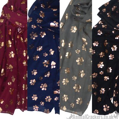 Gold foil Paw print ladies lightweight cotton mix Scarf Sarong in choice of colours, great Dog or Cat lover gift and stocking filler - Wine