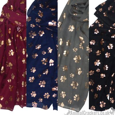 Gold foil Paw print ladies lightweight cotton mix Scarf Sarong in choice of colours, great Dog or Cat lover gift and stocking filler - Black