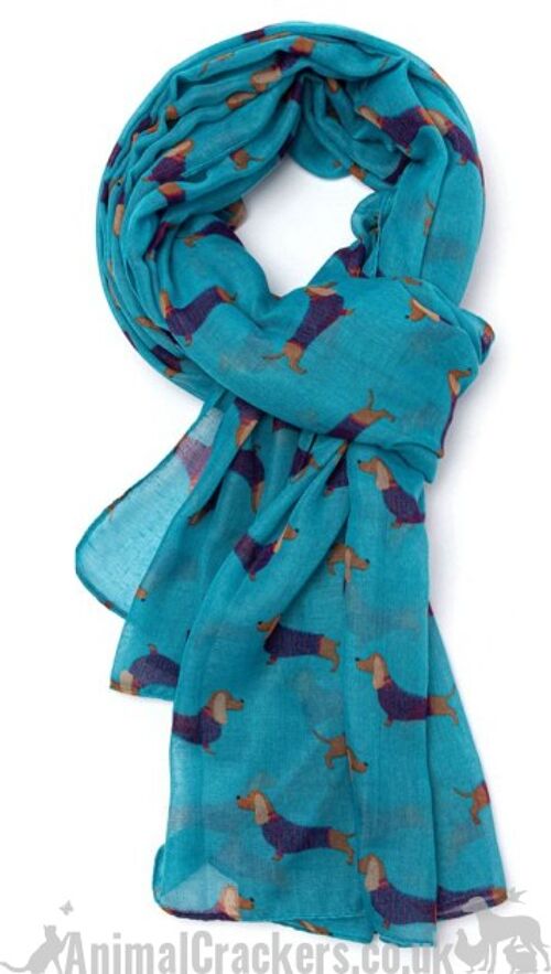 Ladies lightweight Dachshund in Stripy coat design Scarf Sarong in choice of colours, great Sausage Dog lover gift and stocking filler! - Teal