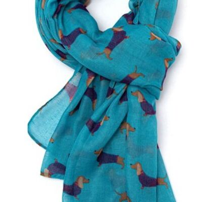 Leichter Damen-Dackel im gestreiften Mantel-Design, Schal Sarong in verschiedenen Farben, tolles Geschenk für Wursthundeliebhaber und Strumpffüller! - Blaugrün