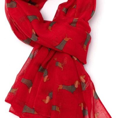 Ladies lightweight Dachshund in Stripy coat design Scarf Sarong in choice of colours, great Sausage Dog lover gift and stocking filler! - Red
