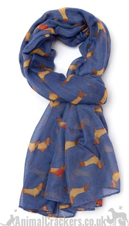 Ladies lightweight Dachshund in Stripy coat design Scarf Sarong in choice of colours, great Sausage Dog lover gift and stocking filler! - Blue