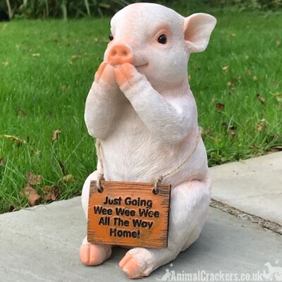 Niedliches Schwein mit abnehmbarem „Just Going Wee Wee Wee All The Way Home“-Schild, toller Gartendekoration und Geschenk für Schweineliebhaber