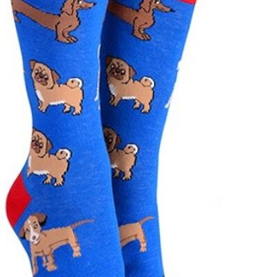 Socken für Herren oder Damen, gemischte Hunderassen (Mops, Dackel, Jack Russell Terrier), tolle Neuheit für Hundeliebhaber, Strumpffüller – Blau