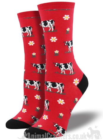 Chaussettes pour femmes Socksmith 'Legendairy' Friesian Cow design, taille unique, cadeau d'amant de bétail ou de vache laitière de qualité - Rouge 1