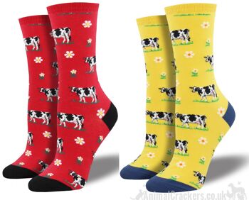 Chaussettes pour femmes Socksmith 'Legendairy' Friesian Cow design, taille unique, cadeau d'amant de bétail ou de vache laitière de qualité - Rouge 2