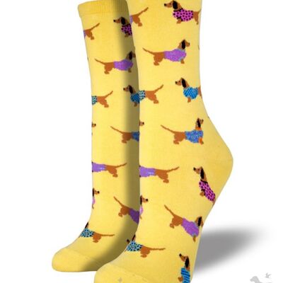 Damen Socksmith 'Haute Dog' Dackelsocken, Einheitsgröße, Wursthundeliebhabergeschenk oder Strumpffüller - Gelb