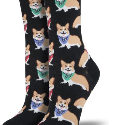 Womens Socksmith Corgi portant des chaussettes design Neckerchief, taille unique, cadeau de qualité pour amoureux des chiens - Noir