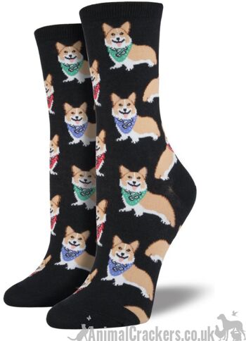 Womens Socksmith Corgi portant des chaussettes design Neckerchief, taille unique, cadeau de qualité pour amoureux des chiens - Noir 1