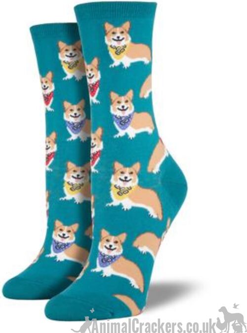 Womens Socksmith Corgi wearing Neckerchief design socks, One Size, quality Dog lover gift stocking filler - Emerald