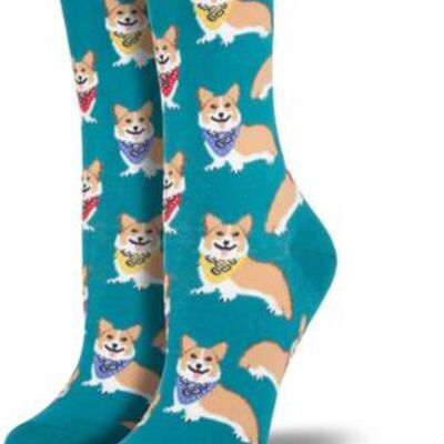 Womens Socksmith Corgi wearing Neckerchief design socks, One Size, quality Dog lover gift stocking filler - Emerald