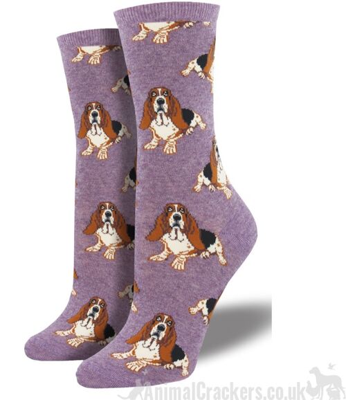 Womens Quality Socksmith Hound Dog design socks One Size, quality Basset Hound lover gift - Heather