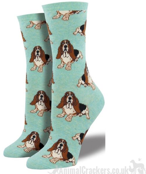 Womens Quality Socksmith Hound Dog design socks One Size, quality Basset Hound lover gift - Mint