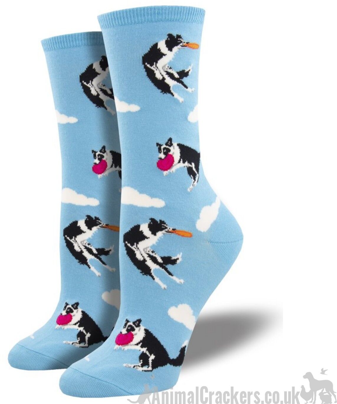 Chaussettes pour femmes Socksmith 'Catch Your Drift' Border Collie attraper la conception de frisbee, cadeau d'amant de chien de qualité - Bleu ciel
