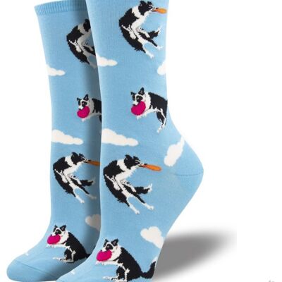 Calcetines para mujer Socksmith 'Catch Your Drift' Border Collie atrapando diseño de frisbee, regalo de calidad para amantes de los perros - Azul cielo