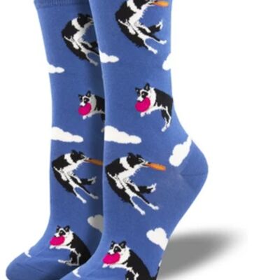 Womens Socksmith 'Catch Your Drift' socks Border Collie catching frisbee design, quality Dog lover gift - Mid Blue