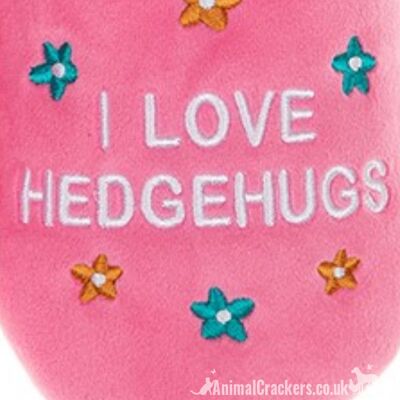 Ladies Snoozies 'Pairables' Hedgehog design 'I love HedgeHugs' slippers, Pink with white faux fur inner, cosy washable non-slip Slippers