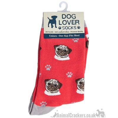 Calcetines rojos con diseño Pug beige para mujer, mezcla de algodón de calidad de talla única, regalo para amantes de los perros Pug