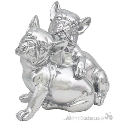 Lesser & Pavey 'Silver Art' schweres Harz, glänzender Silbereffekt, zwei französische Bulldoggen-Figur, Geschenk für Frenchie-Liebhaber