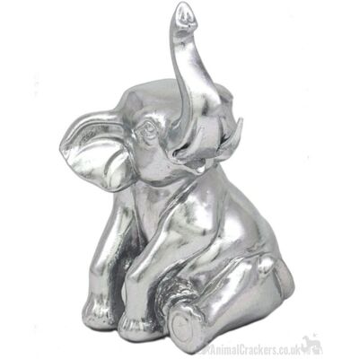 Lesser & Pavey 'Silver Art' resina pesada efecto plateado Elefante sentado figura decorativa, regalo para amantes de los gatos