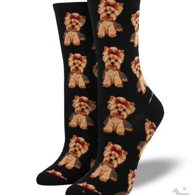 Hochwertige Damen-Baumwollmix-Socken von Socksmith, mit Yorkshire-Terrier-Design, wahlweise in Türkis oder Schwarz, Einheitsgröße Yorkie-Liebhaber-Strumpffüller – Schwarz
