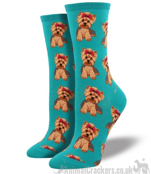 Womens quality cotton mix socks from Socksmith, with Yorkshire Terrier design in choice of Turquoise or Black, One Size Yorkie lover stocking filler - Turquoise