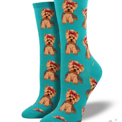 Womens quality cotton mix socks from Socksmith, with Yorkshire Terrier design in choice of Turquoise or Black, One Size Yorkie lover stocking filler - Turquoise
