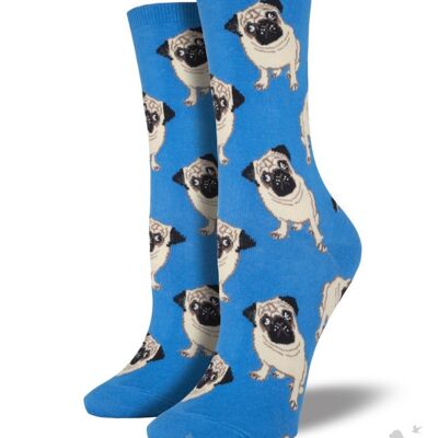 Hochwertige Damen-Baumwollmischungssocken von Socksmith, Mops-Designsocken in Blau, Pink oder Schwarz, Einheitsgröße, Neuheit Mops-Hundeliebhaber-Geschenk-Strumpffüller – Blau