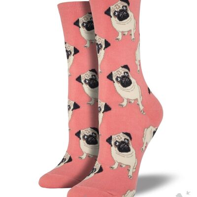 Chaussettes en coton mélangé de qualité pour femme de Socksmith, Chaussettes design Pug en bleu, rose ou noir, taille unique, cadeau de Noël pour amoureux des chiens Pug - Rose