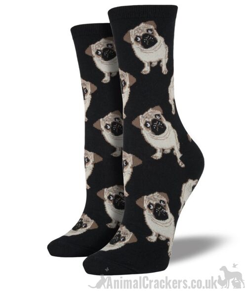 Womens quality cotton mix socks from Socksmith, Pug design socks in Blue, Pink or Black, One Size, novelty Pug Dog lover gift stocking filler - Black