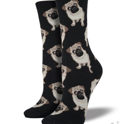 Calzini in misto cotone di qualità da donna di Socksmith, calzini con design Pug in blu, rosa o nero, taglia unica, novità per calze regalo amante dei cani Pug - Nero