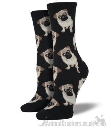 Chaussettes en coton mélangé de qualité pour femme de Socksmith, Chaussettes design Pug en bleu, rose ou noir, taille unique, cadeau de Noël pour amoureux des chiens Pug - Noir 1