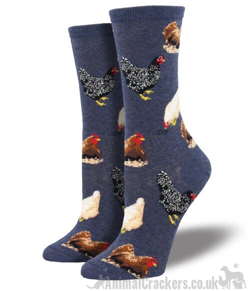 Womens Socksmith novelty Hen design socks in Red or Denim Blue, One Size, great Chicken lover gift and stocking filler - Denim Blue