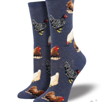Chaussettes de conception de poule de nouveauté Socksmith pour femme en rouge ou bleu denim, taille unique, excellent cadeau d'amant de poulet et remplisseur de bas - bleu denim
